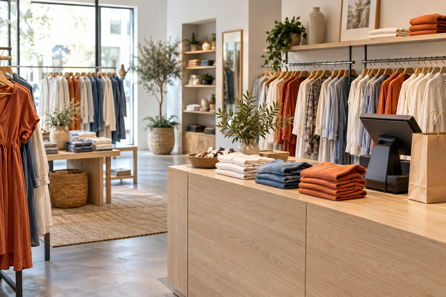 Illustrative clothing boutique with folded garments and a checkout counter