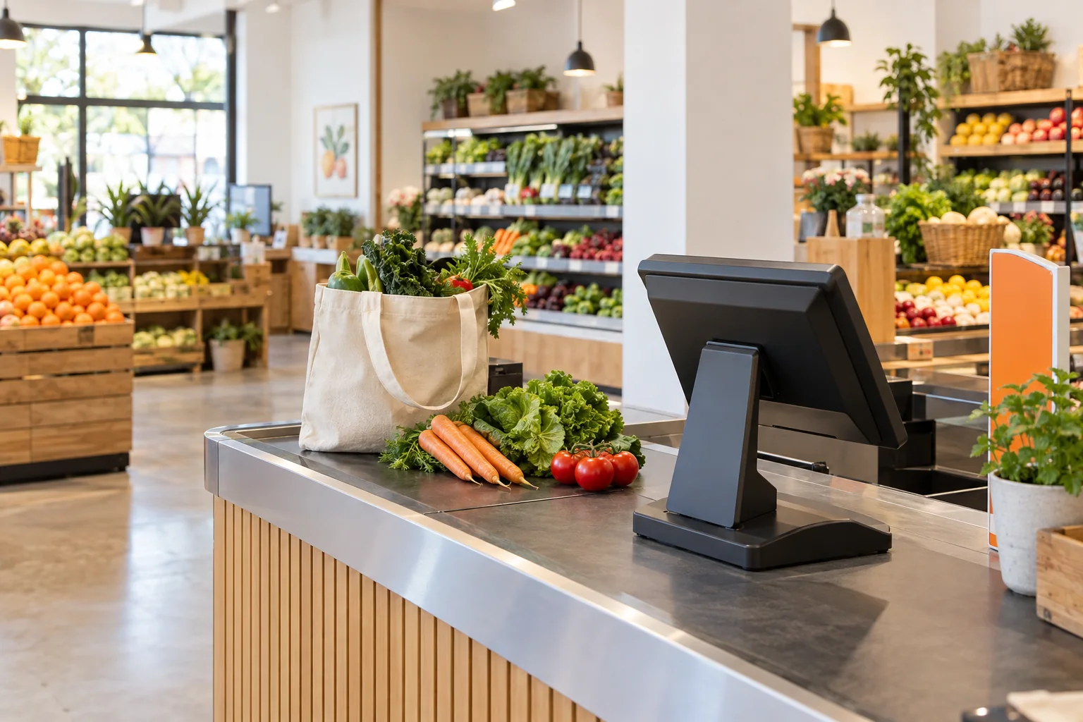 Illustrative grocery checkout with fresh produce, a shopping bag and a point-of-sale terminal