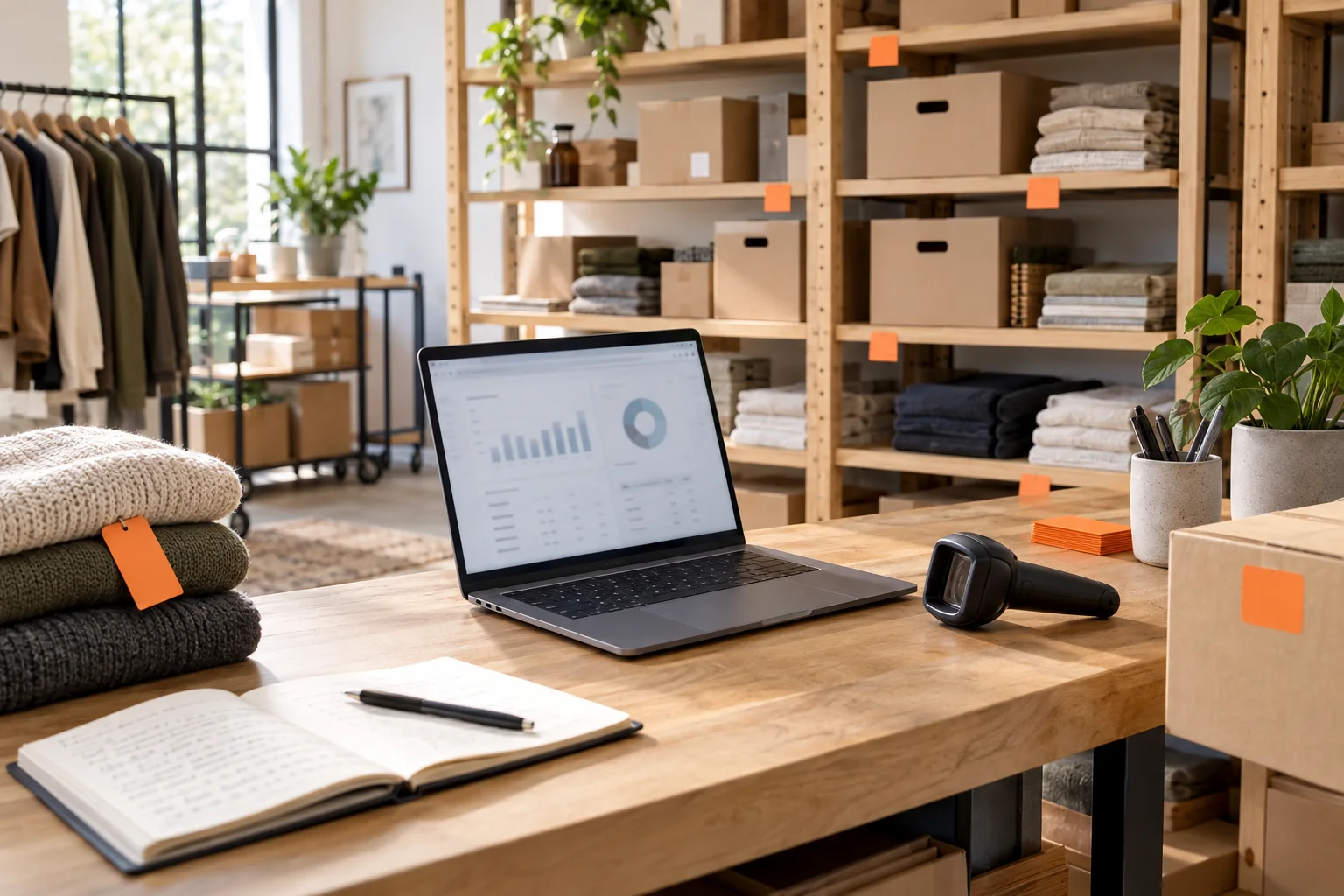 Illustrative retail stockroom with organised goods, a laptop and barcode scanner