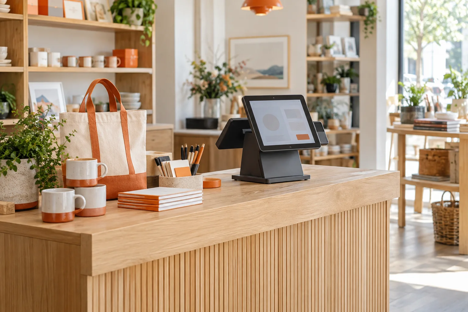 Illustrative retail checkout counter with a point-of-sale terminal and everyday shop products